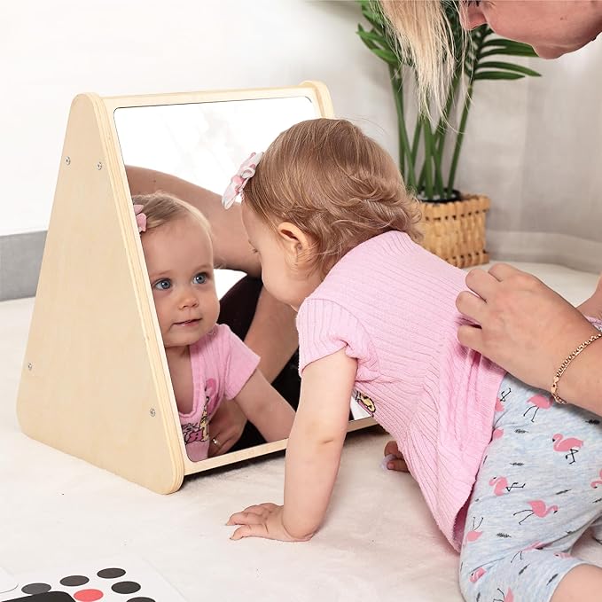 Baby Double-Sided Tummy Time Mirror w/ 2 Package High Contrast Visual Stimulation Cards, Sensory Activity Montessori Toys for 6 Months+ Boys Girls