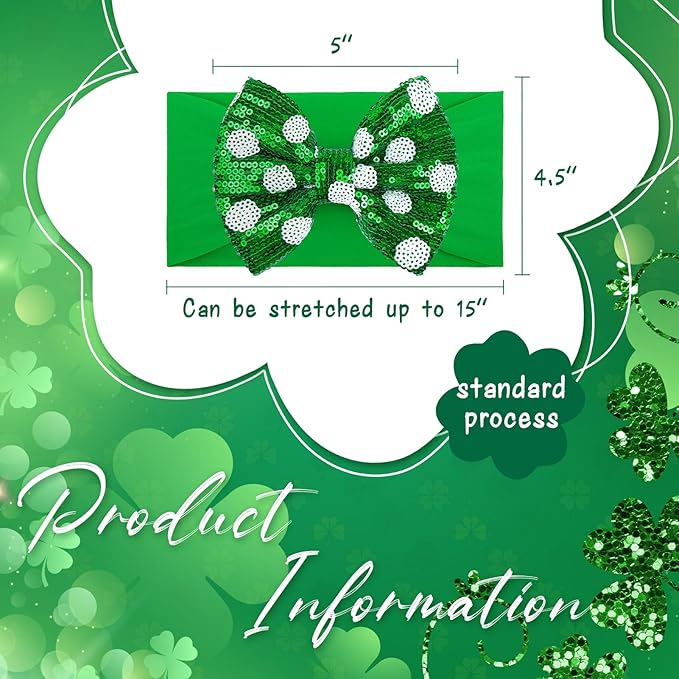 YanJie 5'' St.Patrick's Day Baby Headbands Green Sequins Bow Clover Headbands Shamrock Baby Girl Bows Large Newborn St.Patrick's Day Accessories