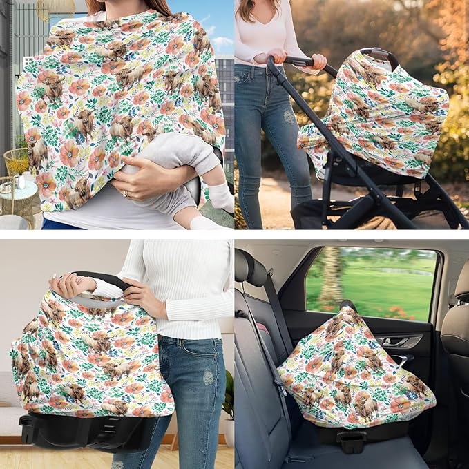 Highland Cattle Carseat Canopy for Babies Flowers Infant Stroller Covers for Boys and Girls Elegant Nursing Pillow Cover Cuddle Pillow Slipcover 2PCS