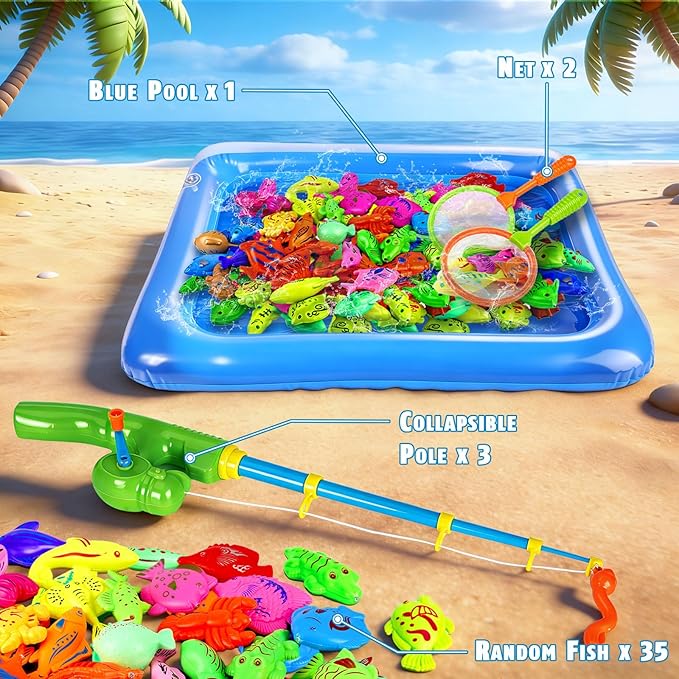 CozyBomB™ Magnetic Fishing Toys Game Set for Kids | Water Table Bathtub Kiddie Pool Party Pole Rod Net, Outdoor Plastic Floating Fish, Toddler Bath Color Ocean Sea Animals Birthday Gift Age 3-5 6 4-8