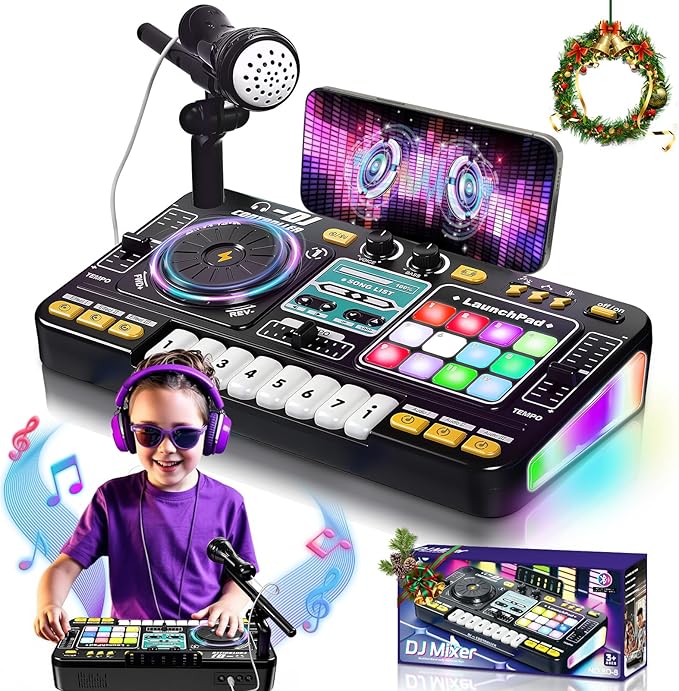 OZMI Kids DJ Music Mixer Table Board Set Toy with Microphone, Lights – Interactive Musical Toys for Ages 3-12 | 100+ Sounds, Piano Keys, Disco Mode, Rechargeable for Kids Boys & Girls