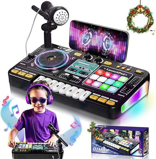 OZMI Kids DJ Music Mixer Table Board Set Toy with Microphone, Lights – Interactive Musical Toys for Ages 3-12 | 100+ Sounds, Piano Keys, Disco Mode, Rechargeable for Kids Boys & Girls