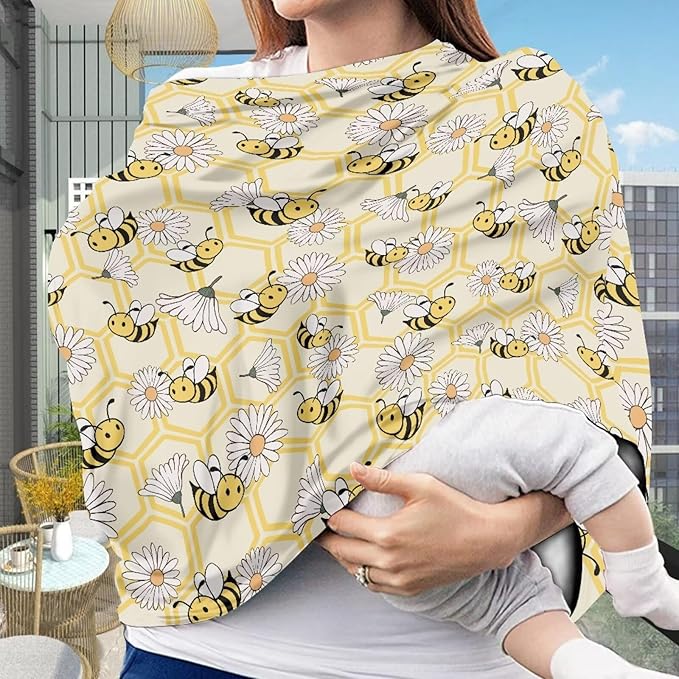 Wanyint Baby Car Seat Covers Carseat Canopy for Boys Girls, Multi-Use Nursing Breastfeeding Covers Mothers Nursing Scarf Halloween Decoration, Bee Honeycomb Daisy Yellow
