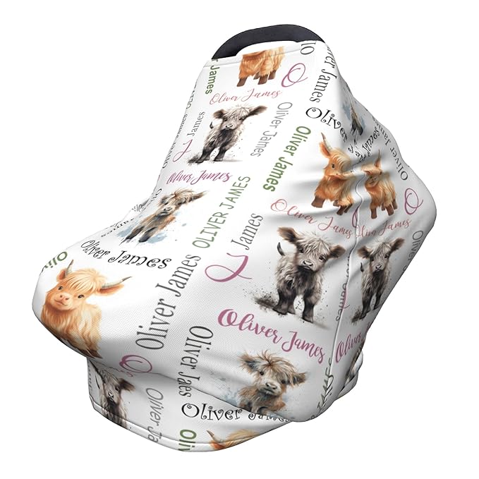 Personalized Car Seat Covers for Babies with Name – Multi-use Breastfeeding Cover Custom Highland Cow Carseat Canopy Cover, Infant Stroller Covers for Boys and Girls