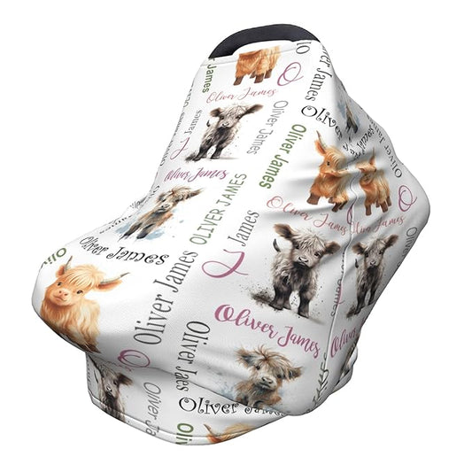 Personalized Car Seat Covers for Babies with Name – Multi-use Breastfeeding Cover Custom Highland Cow Carseat Canopy Cover, Infant Stroller Covers for Boys and Girls