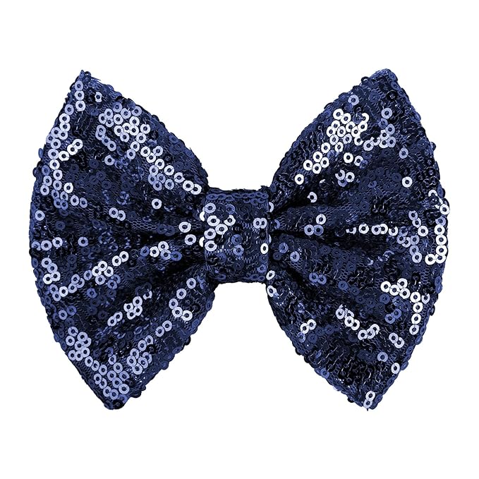 Hair Clip with 5 inches Sequins Large Bow, Alligator Hair Clip for Girls, Women, Teens, Babies, Navy Blue Bow Gift