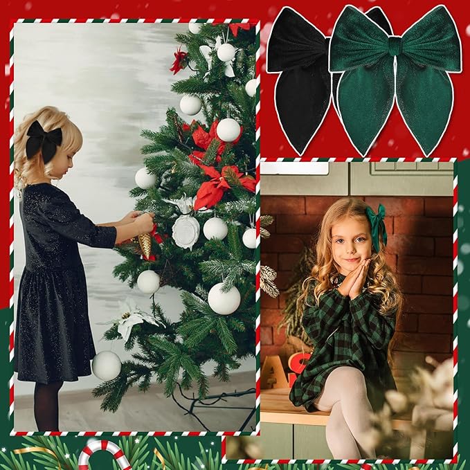 Christmas Hair Bows for Girls, 4 Pcs Velvet Bow Hair Clips, Fable Hair Accessories for Little Girls Toddler Kids (Medium, 5in)