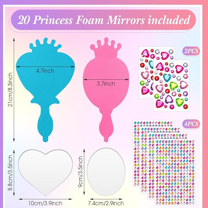 Geetery 20 Pcs Unbreakable Kids Mirror DIY Decorate Your Own Princess Mirror Mermaid Princess Foam Small Crafts for Princess Party Decorations(Multicolor)