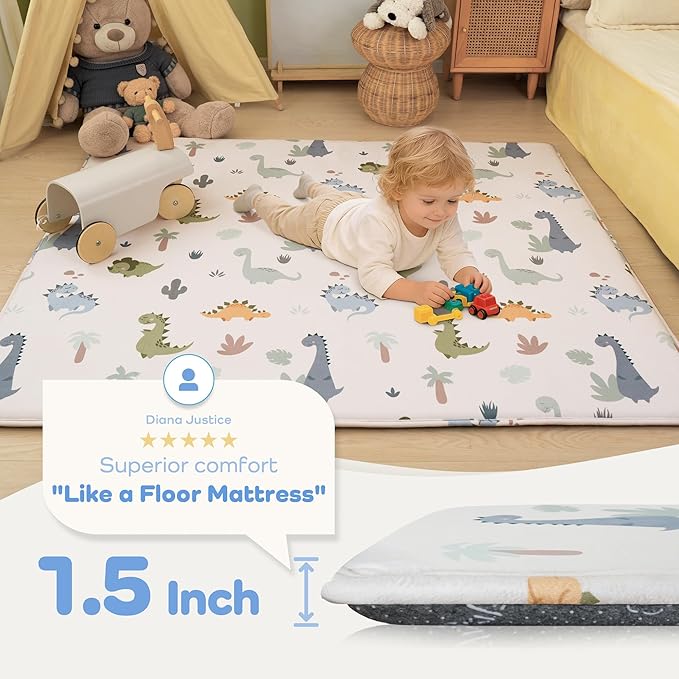 1.5" Thick Premium Baby Floor Play Mat, 71x59 Over-Sized Padded Memory Foam Mat, Tummy Time Crawling Playmat for Nursery Kids Playroom, Dinosaurs