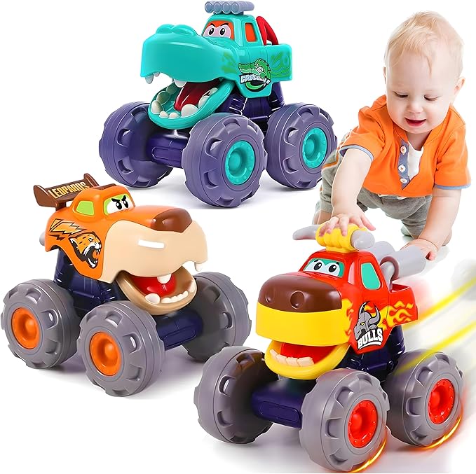 MOONTOY Toy Cars for Toddlers 1-3, 3 Pack Monster Truck Toys for 1 2 3 Year Old Boy Gifts, Baby Animal Play Vehicle Push Pull Back Truck for 12-18 Months 2-4 0-2 1-2 One Year Old Boy 1st Birthday Gift