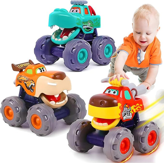 MOONTOY Toy Cars for Toddlers 1-3, 3 Pack Monster Truck Toys for 1 2 3 Year Old Boy Gifts, Baby Animal Play Vehicle Push Pull Back Truck for 12-18 Months 2-4 0-2 1-2 One Year Old Boy 1st Birthday Gift