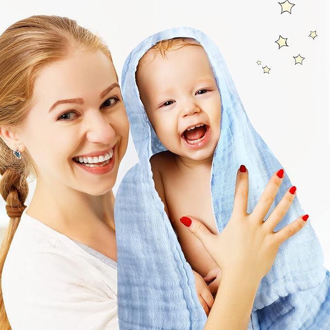 Chumia 6 Pack Baby Muslin Bath Towels Set – Large 43.3x43.3 Inch 6 Layers Soft Cotton Breathable Quick Dry Swaddle Blankets for Newborns, Infants, Toddlers (Multicolor)