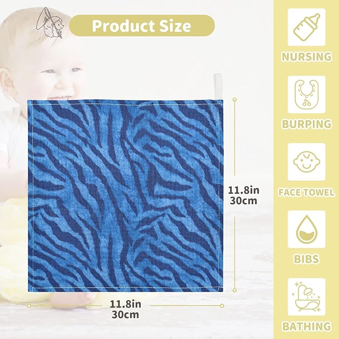 Newborn Face Towel Blue Tiger Print Soft Cotton Baby Washcloths 11.8 x 11.8 Inch Infants Girls Boys Muslin Burp Cloths 5 Pack