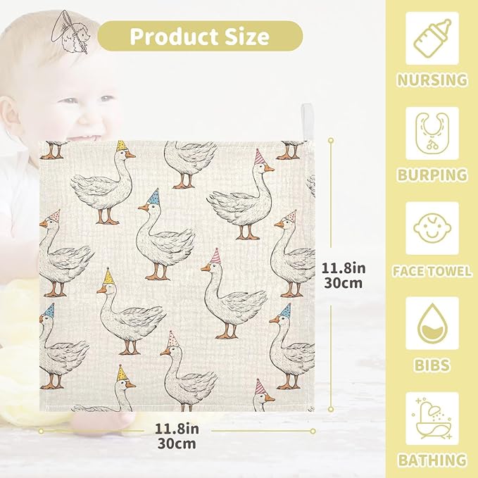 vvfelixl Goose with Birthday Hat Baby Burp Cloths Baby Muslin Washcloths for Boys Girls Cotton Babys Face Towel for Newborn Infants Soft and Absorbent 11.8 X 11.8 in, 5 Pack