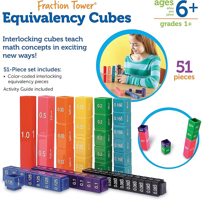 Learning Resources Fraction Tower Equivalency Cubes - 51 Pieces, Ages 6+ Math Toys for Kids, Classroom and Homeschool Accessories, Fractions for Kids