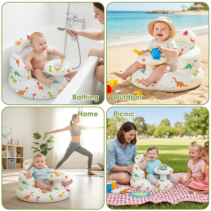 Inflatable Baby Seat with Tray and Built-in Air Pump, 3-36 Months Baby Floor Seat for Sitting Up, Portable Blow Up Baby Chair for Feeding, Travel, Beach (Dinosaur)
