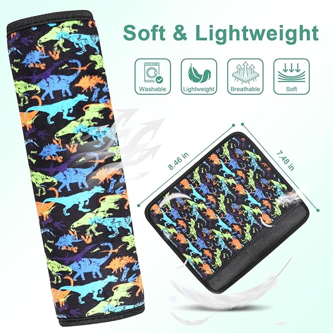 Amintiri Seat Strap Shoulder Pads for Kids, Seat Belt Cover for Children, Soft Furry Seat Belt Cushion for Travel, Cartoon Car Seat Belt Pad Cover for Boys and Girls. (Dino World)