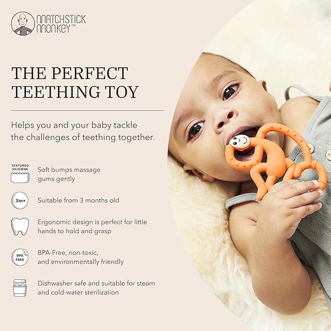 Matchstick Monkey Silicone Mini Teether & Gel Applicator – Silicone Baby Teether, Easy-to-Grip, BPA-Free, Supports Self-Soothing & Early Brushing, 3 Months+, 4 Inches, Orange