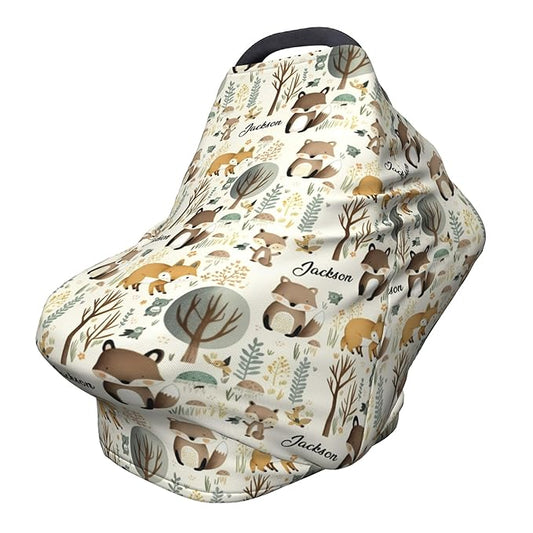 Personalized Woodland Baby Car Seat Cover with Name,Multi-Use Canopy for Nursing, Strollers,Shopping Carts,Customized Breastfeeding Cover, Full Privacy,Infant Stroller Cover
