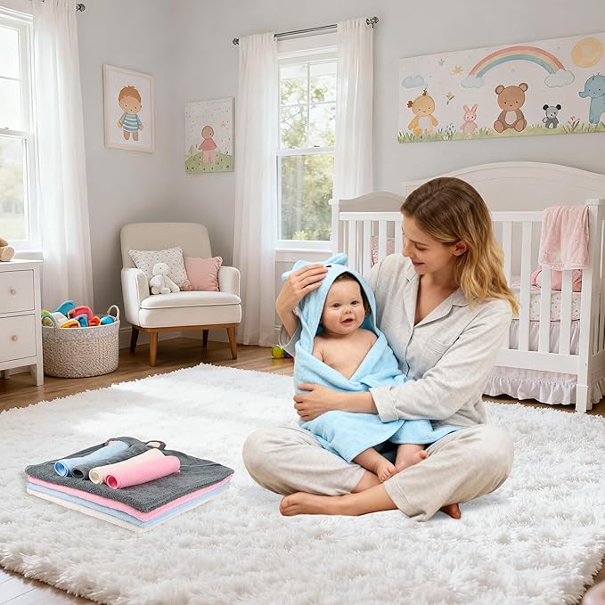 HBHLFZ 4-Pack Baby Bath Towels,Set of 2 Hooded Baby Bath Towels and 2 Baby Face Towels, Super Soft,Highly Absorbent,31.5x31.5inch,Suitable for Newborns,Toddlers and Children,Unisex（Elephant, Dog）