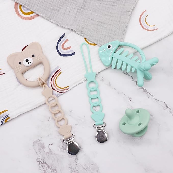 Pacifier Clip for Baby Boy Girl Pacifier Holder Silicone Pacifier Clips for Boys Girls Newborn Birthday Baby Shower Soothie - Set of 2 with Metal Clip (Fish)