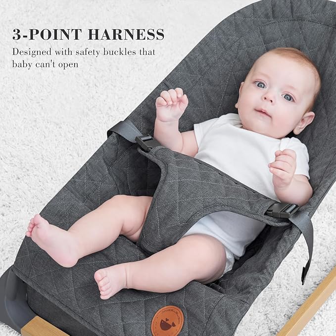 ANGELBLISS Baby Bouncer, Portable Bouncer Seat for Babies, Infants Bouncy Seat with Wood Grain Base, Natural Vibrations (Grey)