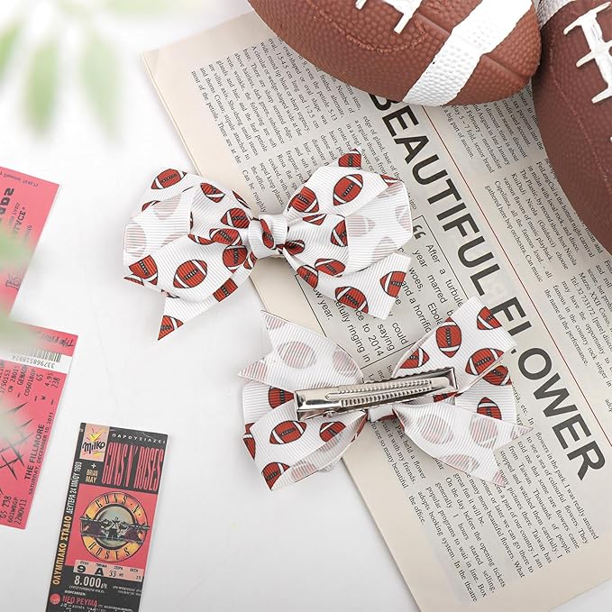 YanJie 2PCS 4'' Football Hair Clips Girls Party Printed Ribbon Hair Accessories Kids Sports Theme Party Game Costume Baby Girl Football Outfit