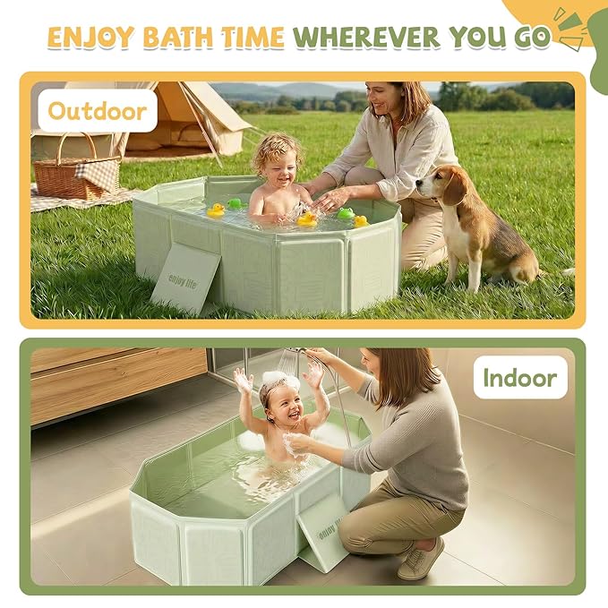 Orzbow Collapsible Baby Bathtub, Toddler Bathtub with Non-Slip Base, Portable Bath Tub for Kids Infant 12 Months+ Travel, Easy to Clean, Stable & Durable, Space-Saving, Green