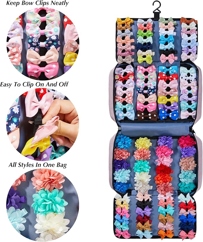 Hair Accessories Organizer for Girls, Hair Accessories Storage Bag, Hair Bow Storage Organaizer for Girls with Multi-Compartments, Baby Hair Accessories Organizer for Travel (Pink)