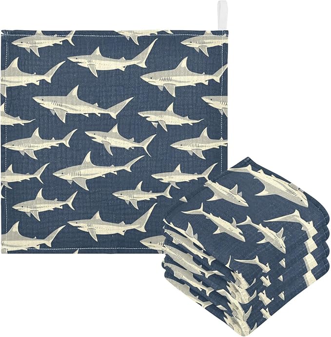 vvfelixl Sharks in Ocean Baby Burp Cloths Baby Muslin Washcloths for Boys Girls Cotton Babys Face Towel for Newborn Infants Soft and Absorbent 11.8 X 11.8 in, 5 Pack