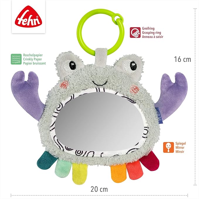 Fehn Activity Mirror Crab – Motor Skill Toy for Hanging for Pram, Cot and Baby Seat – to Produce Bite, Grab and Sound, Toy for Babies and Children from 0+