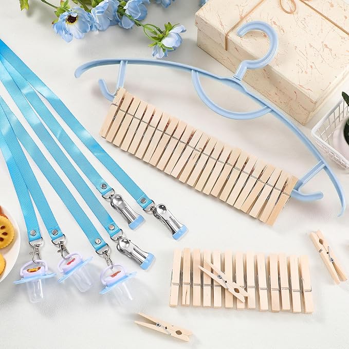 Threehoney 6 Sets Baby Shower Games Pacifiers Necklace and One Handed Wooden Clamp Hanger Game Bridal Shower for Gender Reveal Party Favors Funny Activities Parties(Blue)