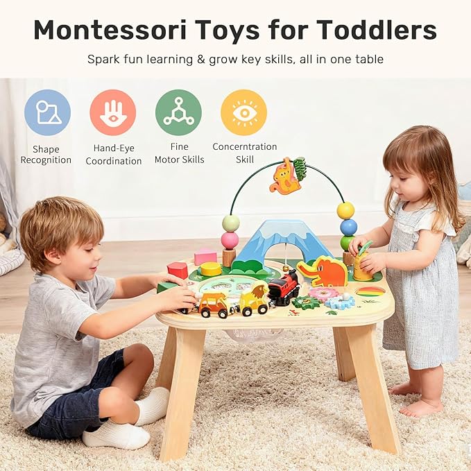 WINGYZ Activity Table for 1 Year Old Toddler, 9-in-1 Multi-Colorful Wooden Montessori Toys, Baby Play Table with Bead Maze Shape Sorter Train Toy, Educational Gifts for 12 Months+ Kids Boys Girls