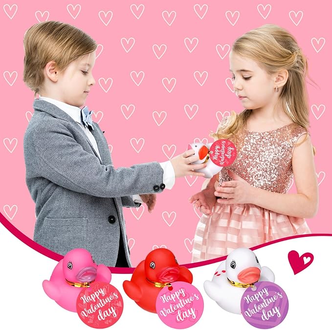 MiniInflat 48 Set Valentine's Day Rubber Duckies with Gift Cards Valentines Mini Rubber Duck Bath Gift for Girl Boy Heart Duck Bathtub Pool Gift Classroom Exchange Prize Gift Valentines Party Favor