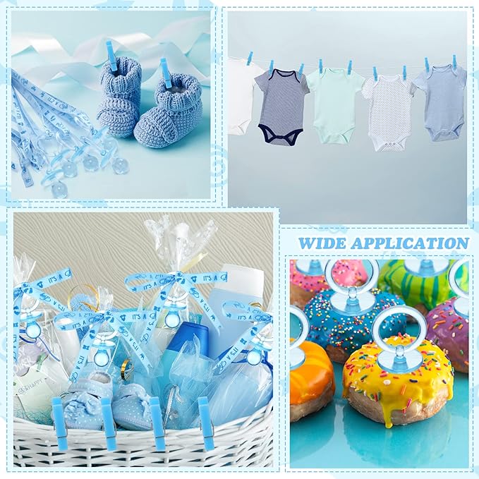 Coume 48 Sets Baby Shower Pacifiers Necklace with Mini Clothes Pins Acrylic Pacifier Bulk Newborn Party Favors for Women Men Baby Shower Decorations Gender Reveal Party Supplies(Blue)