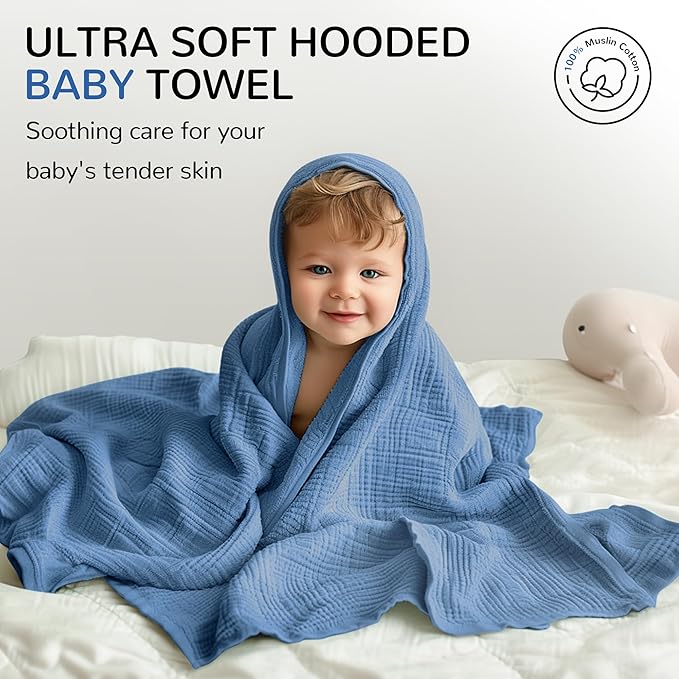 Momsnug 3-Pack Muslin Hooded Baby Towels, 100% Cotton, Ultra-Soft & Absorbent Baby Bath Towels with Hood for Babies, Infant, Toddler and Newbron(Green + Grey + Dark Blue，35" X 35'')