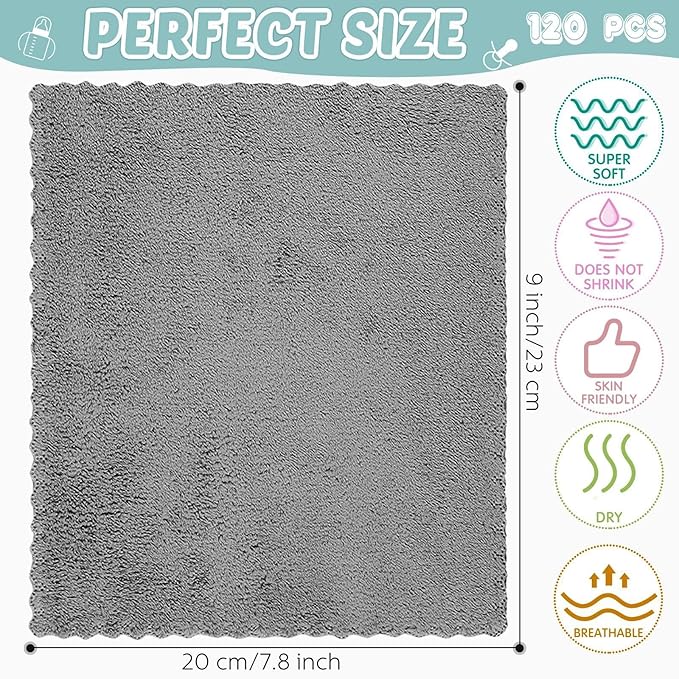 Newwiee 120 Pack Baby Washcloths 9 x 8 Inch Coral Fleece Baby Rags Microfiber Soft Small Towels Absorbent Wash Cloth for Newborn Infants Toddlers Face or Body(Gray, White)