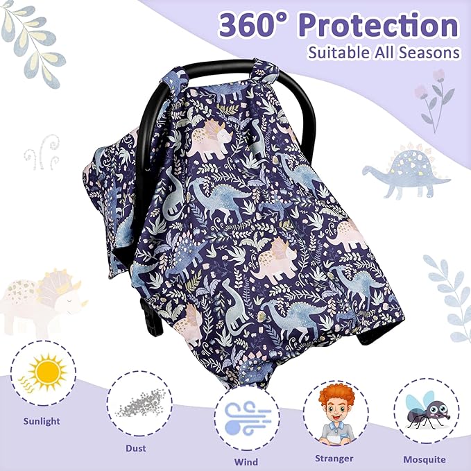 Pea Pod Baby Car Seat Cover, Breathable Infant Carseat Cover for Summer Peekaboo Opening Car Seat Canopy Cover, Nursing Cover for Baby Boys Girls (Blue Dinosaurs)