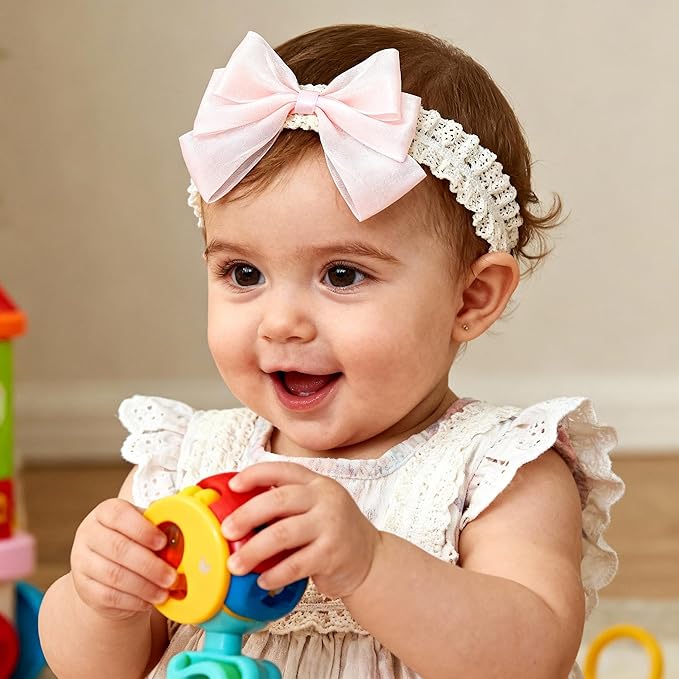 Baby Girls Hairbands Bow Lace Headband Handmade Soft Stretchy Pink Bowknot Hairbands Newborn Hairband with Bows Elastic Hair Bands for Kids Infant(Glossy Pink Bow