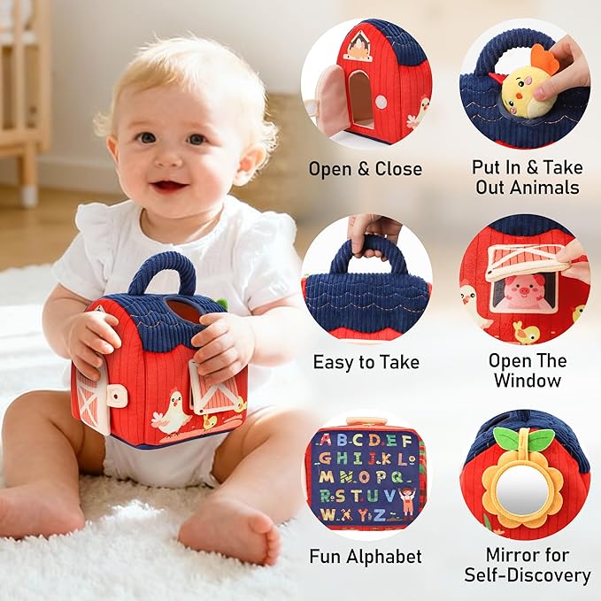 Baby Toys 6-12 Months - Soft Plush Surprise Barn Stuffed Farm Animals, Rattle, Crinkle, Mirror, Montessori Toys for Babies Sensory Toys for Toddlers 1-3, Baby Stocking Stuffers