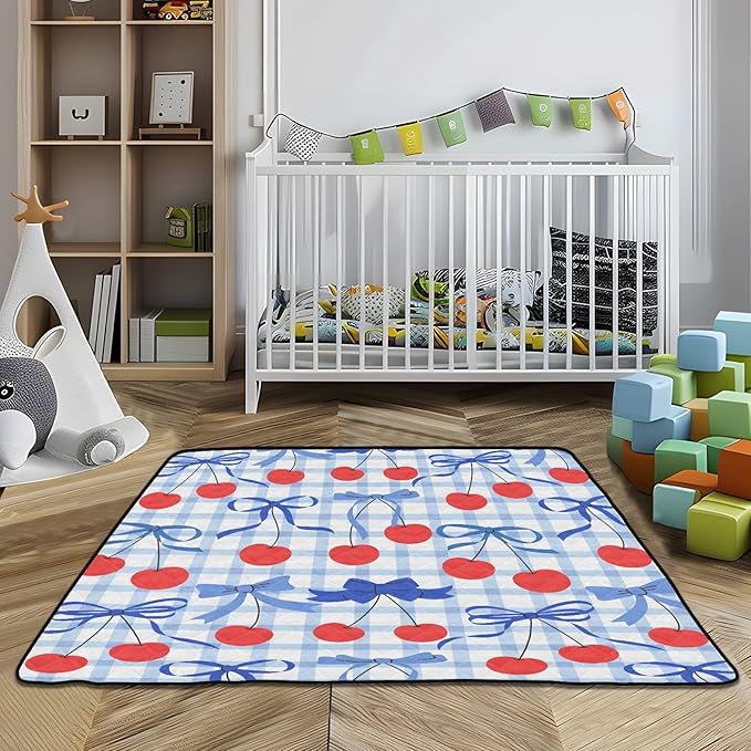 Baby Play Mat Checkered Cherries Bows Blue 50 x 50 Playpen Mat Baby Play Mats for Floor Play Gym Crawling Mat Non-Slip Cushioned Baby Playmat for Infants, Babies, Toddlers