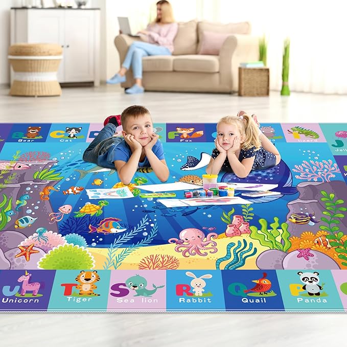 Baby Play Mat for Floor - ABC Kids Rugs for Playroom - Sea Animal Play Rug - Ocean Playmat Crawling Tummy Time Mat, Non-Toxic Non-Slip Rugs (78.7X59 INCH)
