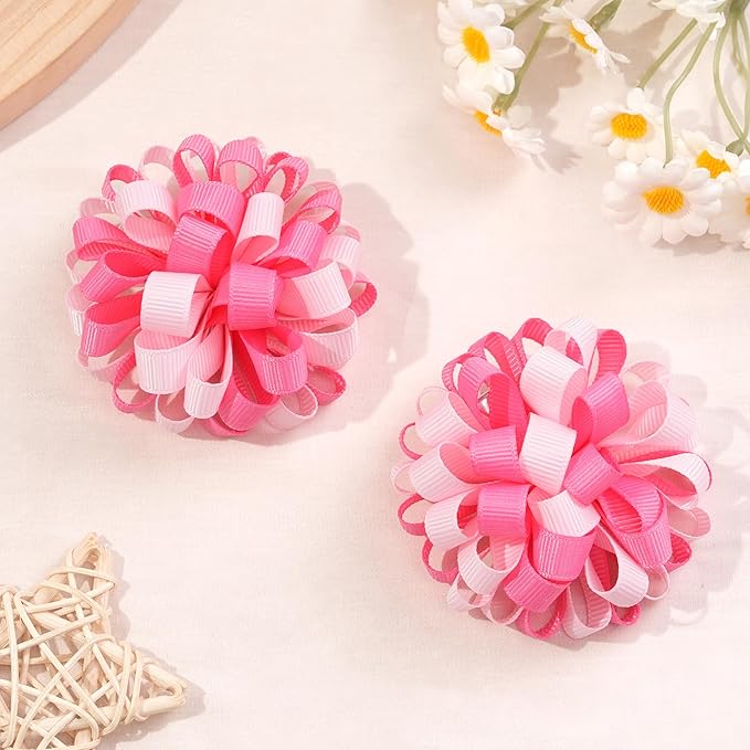 Yxiang Korker Cheer Bows Hair Clips Girls 4pcs Cute Pink & White Curly Corker Ribbon Alligator Barrettes Hair Accessories Kids Toddler Birthday Gift