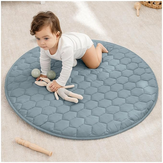 Comfy Cubs Round Kids Play Mat -Small 36 inches Soft Quilted Baby Floor Mat with Non-Slip Bottom - Plush Design for Toddlers' Playtime - Comfortable and Durable - Pacific Blue