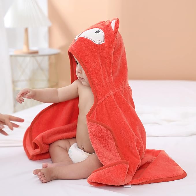 TBEZY Baby Hooded Towel with Unique Animal Design Ultra Soft Thick Cotton Bath Towel for Newborn (Fox)