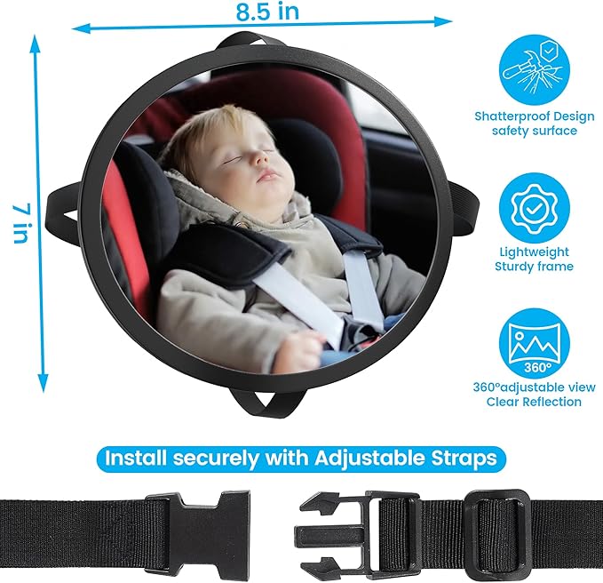 Baby Car Mirror for Rear Facing Carseat– 360° Adjustable, Shatterproof, Wide Angle View, Easy Installation, Fits Car, SUV & Truck, Lightweight Safe Design