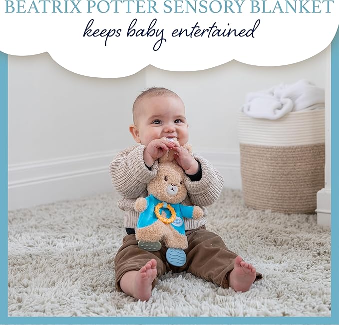 Kids Preferred Beatrix Potter Peter Rabbit Flat Sensory Blanky Interactive Baby Teether Toy with Crinkle Sounds, Soft Textures, Bright Colors, and BPA-Free Materials for Safe and Fun Sensory Play