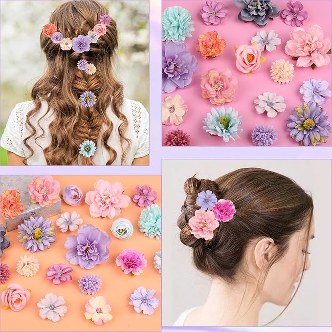 Leery 20 PCS Boho Flower Hair Clips for Women - Rose Hair Barrettes, Wedding Hairpins, Bridal Headpiece, Hawaiian Silk Floral Clips (Violet)