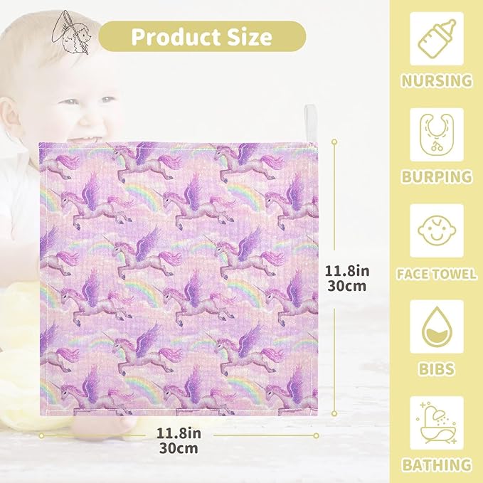 Unicorn Rainbow Baby Washcloths Newborn Muslin Burp Cloths 3 Pack Soft Cotton Baby Face Bath Towel Drool Bibs for Infants, Girls and Boys 11.8 x 11.8 Inch
