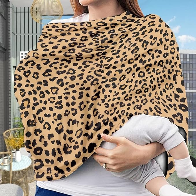 Forchrinse Brown Leopard Print Car Seat Cover for Babies Soft Breathable Breastfeeding Nursing Cover Elastic Infant Carseat Canopy Stroller Cover